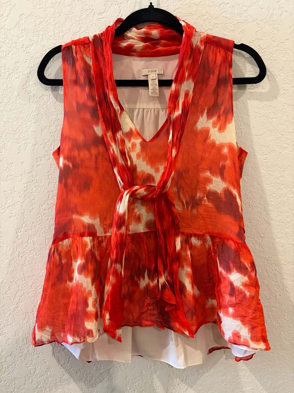 J.Crew Silk Tie-Neck Peplum Sleeveless Top in Red Watercolor Floral Print